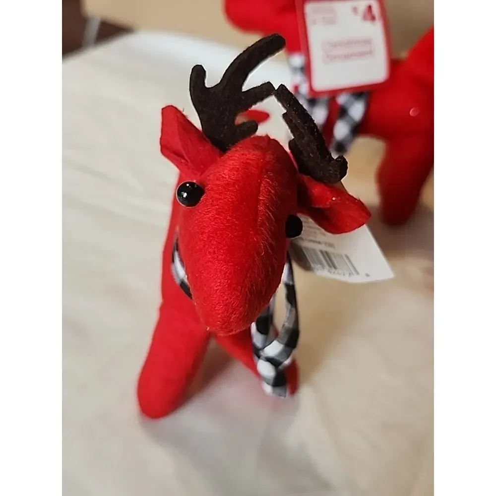 4 Home Style Christmas Reindeer Ornaments Felt Red Burlap Plush 6